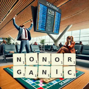 Creative illustration for a Scrabble game with the word NONORGANIC spelled out in tiles on the board.