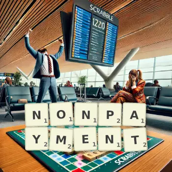 Creative illustration for a Scrabble game with the word NONPAYMENT spelled out in tiles on the board.