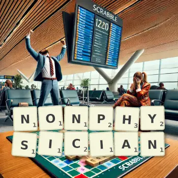 Creative illustration for a Scrabble game with the word NONPHYSICIAN spelled out in tiles on the board.
