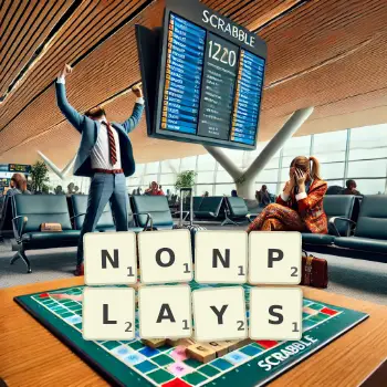 Creative illustration for a Scrabble game with the word NONPLAYS spelled out in tiles on the board.