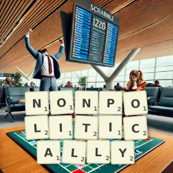 Creative illustration for a Scrabble game with the word NONPOLITICALLY spelled out in tiles on the board.