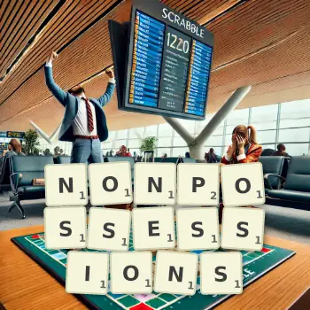 Creative illustration for a Scrabble game with the word NONPOSSESSIONS spelled out in tiles on the board.