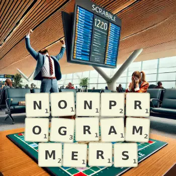 Creative illustration for a Scrabble game with the word NONPROGRAMMERS spelled out in tiles on the board.