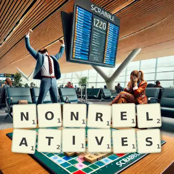 Creative illustration for a Scrabble game with the word NONRELATIVES spelled out in tiles on the board.