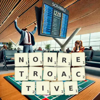 Creative illustration for a Scrabble game with the word NONRETROACTIVE spelled out in tiles on the board.