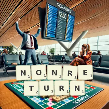 Creative illustration for a Scrabble game with the word NONRETURN spelled out in tiles on the board.