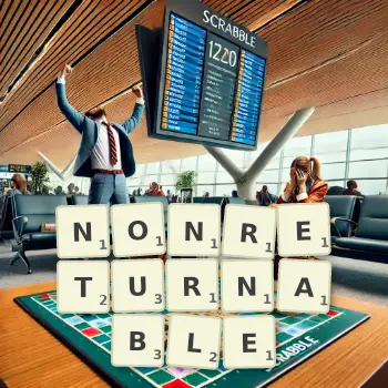 Creative illustration for a Scrabble game with the word NONRETURNABLE spelled out in tiles on the board.