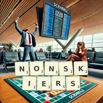 Creative illustration for a Scrabble game with the word NONSKIERS spelled out in tiles on the board.
