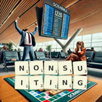 Creative illustration for a Scrabble game with the word NONSUITING spelled out in tiles on the board.