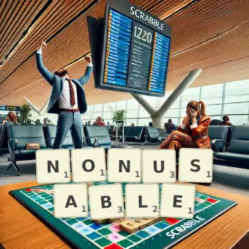 Creative illustration for a Scrabble game with the word NONUSABLE spelled out in tiles on the board.