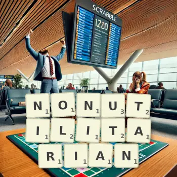 Creative illustration for a Scrabble game with the word NONUTILITARIAN spelled out in tiles on the board.