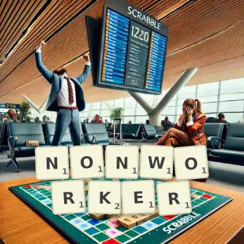 Creative illustration for a Scrabble game with the word NONWORKER spelled out in tiles on the board.