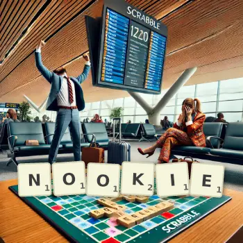 Creative illustration for a Scrabble game with the word NOOKIE spelled out in tiles on the board.