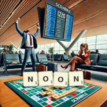 Creative illustration for a Scrabble game with the word NOON spelled out in tiles on the board.