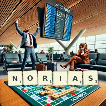 Creative illustration for a Scrabble game with the word NORIAS spelled out in tiles on the board.