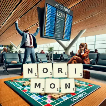 Creative illustration for a Scrabble game with the word NORIMON spelled out in tiles on the board.