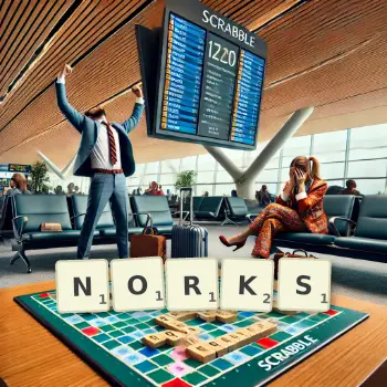 Creative illustration for a Scrabble game with the word NORKS spelled out in tiles on the board.