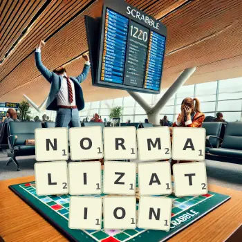 Creative illustration for a Scrabble game with the word NORMALIZATION spelled out in tiles on the board.