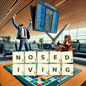 Creative illustration for a Scrabble game with the word NOSEDIVING spelled out in tiles on the board.