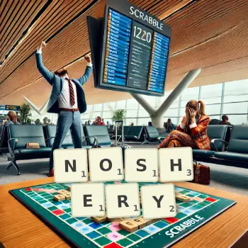 Creative illustration for a Scrabble game with the word NOSHERY spelled out in tiles on the board.