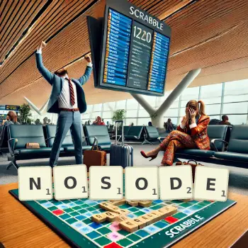 Creative illustration for a Scrabble game with the word NOSODE spelled out in tiles on the board.