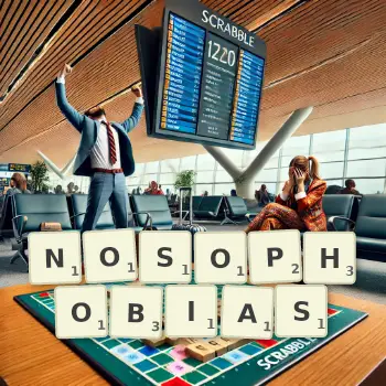 Creative illustration for a Scrabble game with the word NOSOPHOBIAS spelled out in tiles on the board.
