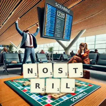Creative illustration for a Scrabble game with the word NOSTRIL spelled out in tiles on the board.