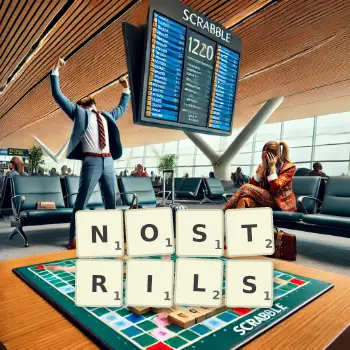 Creative illustration for a Scrabble game with the word NOSTRILS spelled out in tiles on the board.