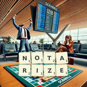 Creative illustration for a Scrabble game with the word NOTARIZE spelled out in tiles on the board.