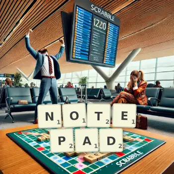 Creative illustration for a Scrabble game with the word NOTEPAD spelled out in tiles on the board.