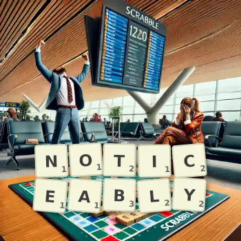 Creative illustration for a Scrabble game with the word NOTICEABLY spelled out in tiles on the board.