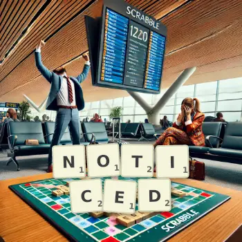 Creative illustration for a Scrabble game with the word NOTICED spelled out in tiles on the board.