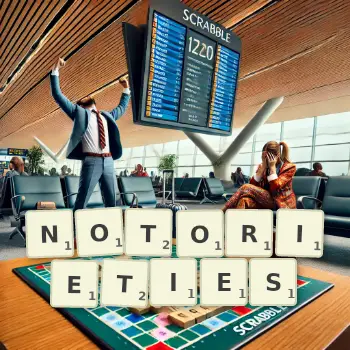 Creative illustration for a Scrabble game with the word NOTORIETIES spelled out in tiles on the board.