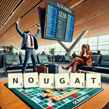 Creative illustration for a Scrabble game with the word NOUGAT spelled out in tiles on the board.