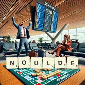 Creative illustration for a Scrabble game with the word NOULDE spelled out in tiles on the board.