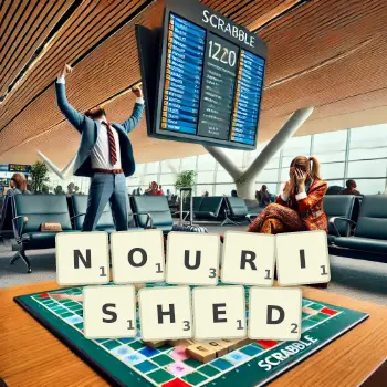 Creative illustration for a Scrabble game with the word NOURISHED spelled out in tiles on the board.