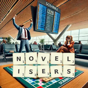 Creative illustration for a Scrabble game with the word NOVELISERS spelled out in tiles on the board.