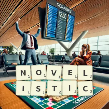 Creative illustration for a Scrabble game with the word NOVELISTIC spelled out in tiles on the board.