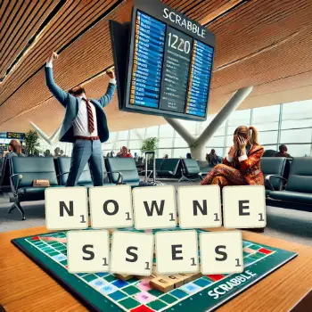 Creative illustration for a Scrabble game with the word NOWNESSES spelled out in tiles on the board.