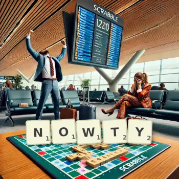 Creative illustration for a Scrabble game with the word NOWTY spelled out in tiles on the board.