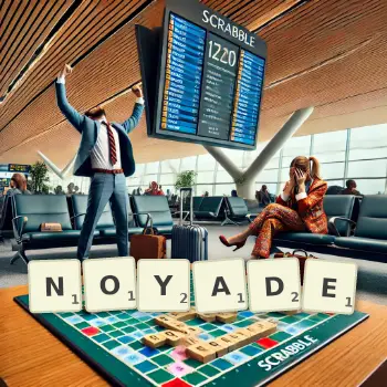 Creative illustration for a Scrabble game with the word NOYADE spelled out in tiles on the board.