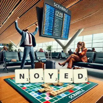 Creative illustration for a Scrabble game with the word NOYED spelled out in tiles on the board.