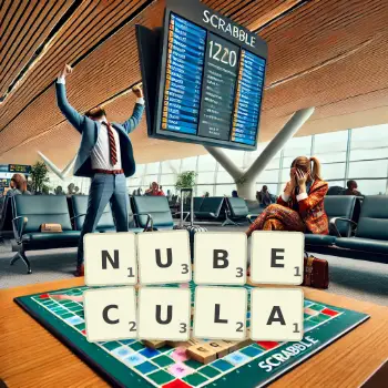 Creative illustration for a Scrabble game with the word NUBECULA spelled out in tiles on the board.