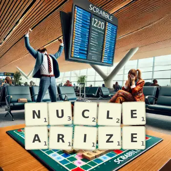 Creative illustration for a Scrabble game with the word NUCLEARIZE spelled out in tiles on the board.