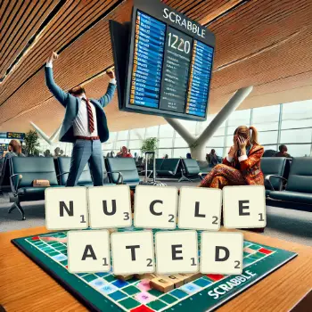Creative illustration for a Scrabble game with the word NUCLEATED spelled out in tiles on the board.