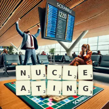 Creative illustration for a Scrabble game with the word NUCLEATING spelled out in tiles on the board.
