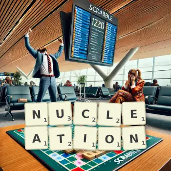 Creative illustration for a Scrabble game with the word NUCLEATION spelled out in tiles on the board.