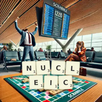 Creative illustration for a Scrabble game with the word NUCLEIC spelled out in tiles on the board.