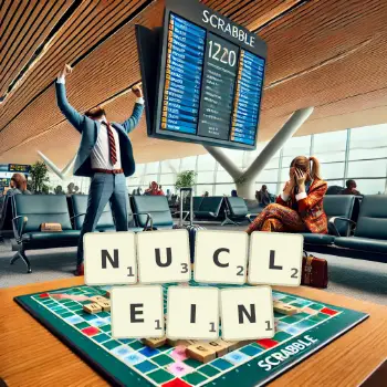 Creative illustration for a Scrabble game with the word NUCLEIN spelled out in tiles on the board.