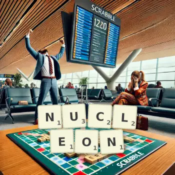 Creative illustration for a Scrabble game with the word NUCLEON spelled out in tiles on the board.